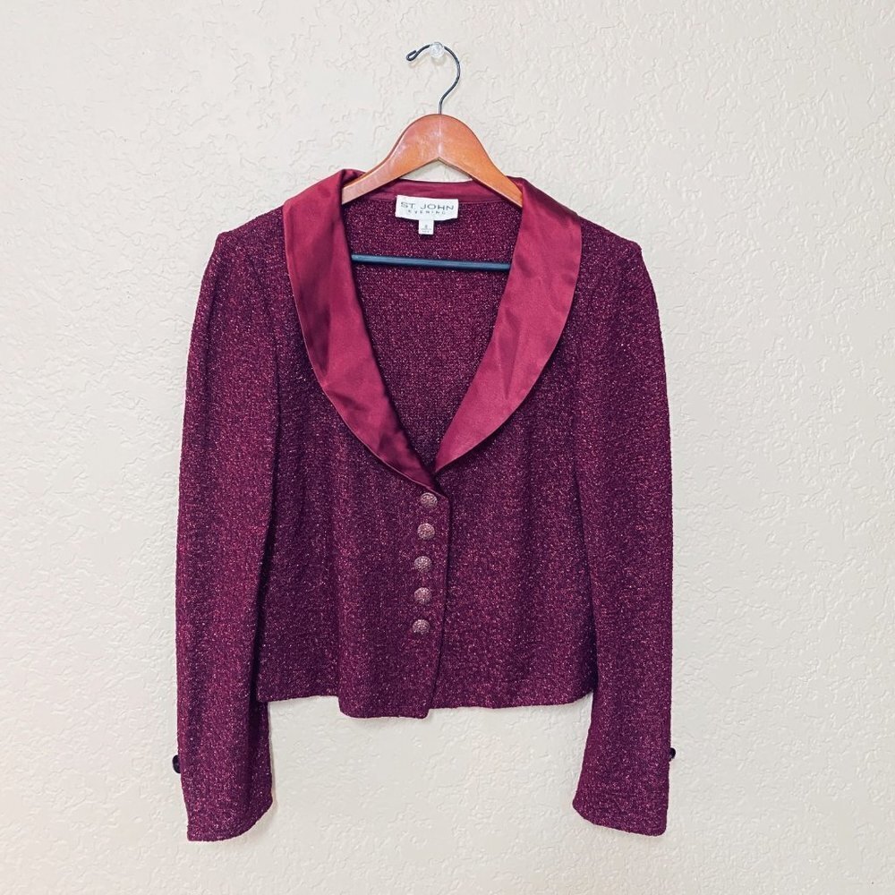 St. John Evening Womens Blazer Jacket Size 8 Red Wine Sparkling Crop Santana Kni